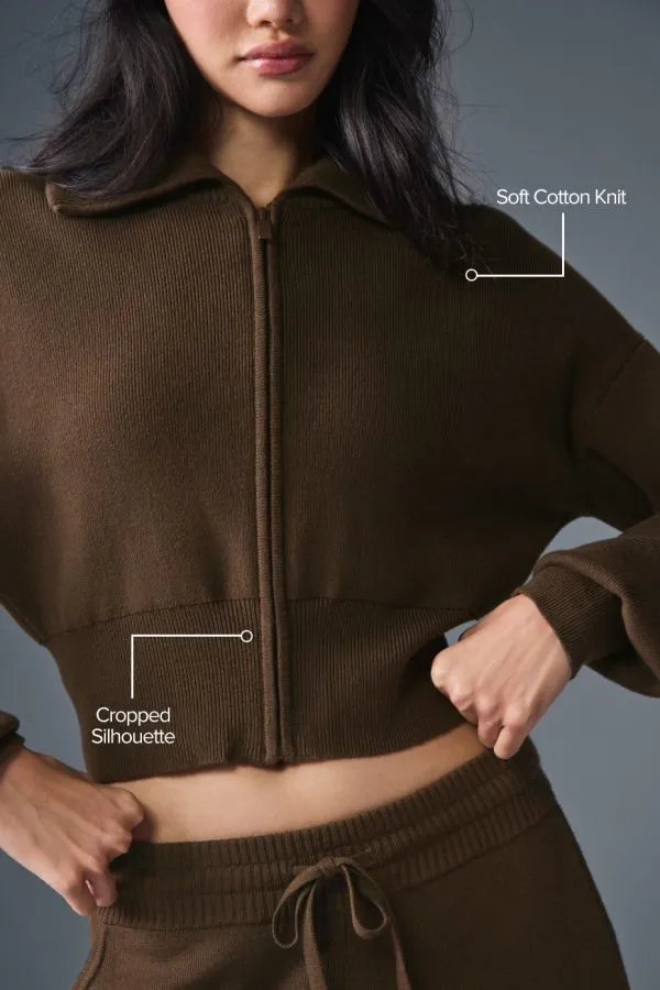 Scholar Knit Cropped Full Zip Jacket - Espresso
