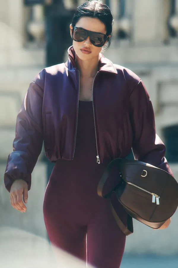 Faux Leather Cropped Premier Bomber - Burgundy