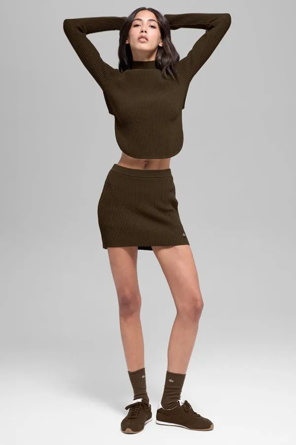 Denim Knit High-Waist Skirt - Espresso/Black
